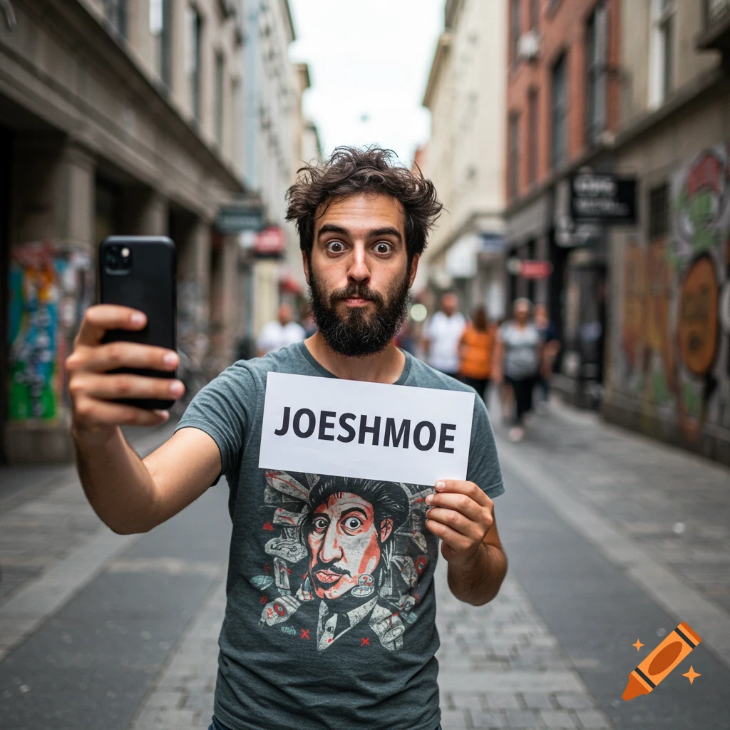 Man takes a selfie holding a sign 'JOESHMOE' in a street.
