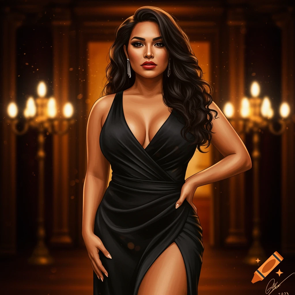 A woman in a black evening gown is in a ballroom.