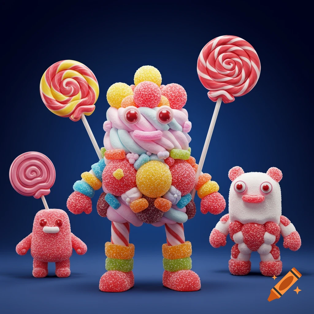 Colorful candy characters holding lollipops on a blue background, digital art.