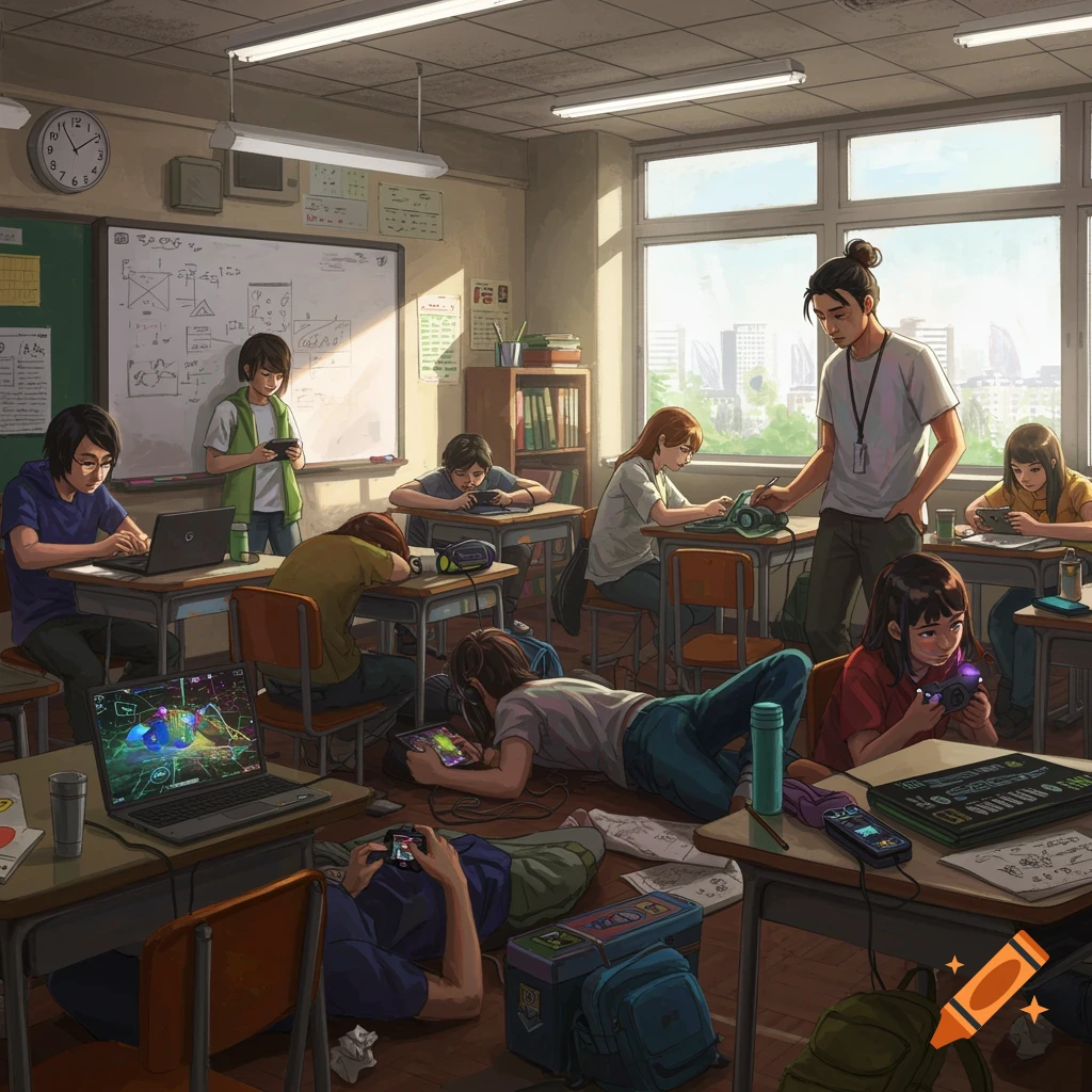 A chaotic classroom scene with students playing video games on devices and a teacher by a whiteboard.