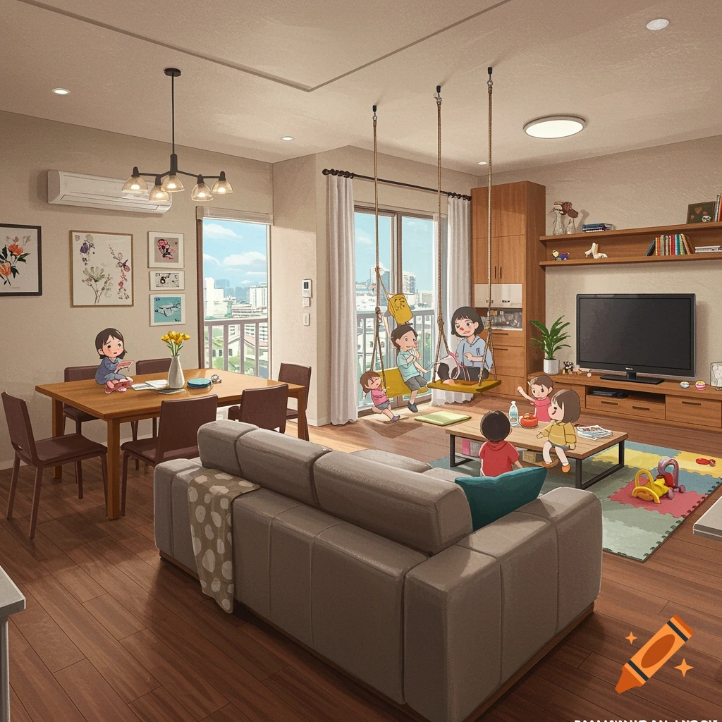 A family with several children playing in a spacious living room with swings, a play area, and a dining table.