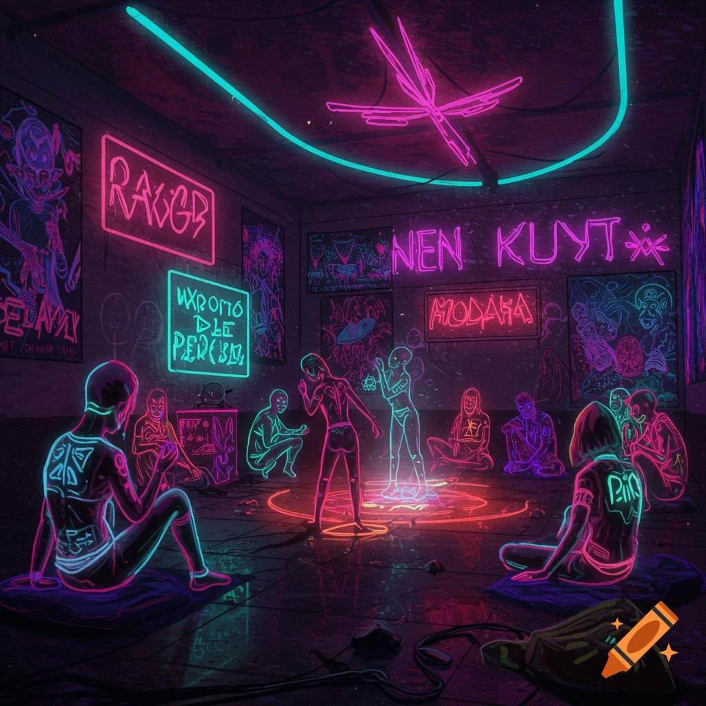 Neon-outlined figures in a dark, neon-lit room with stylized posters, digital art.