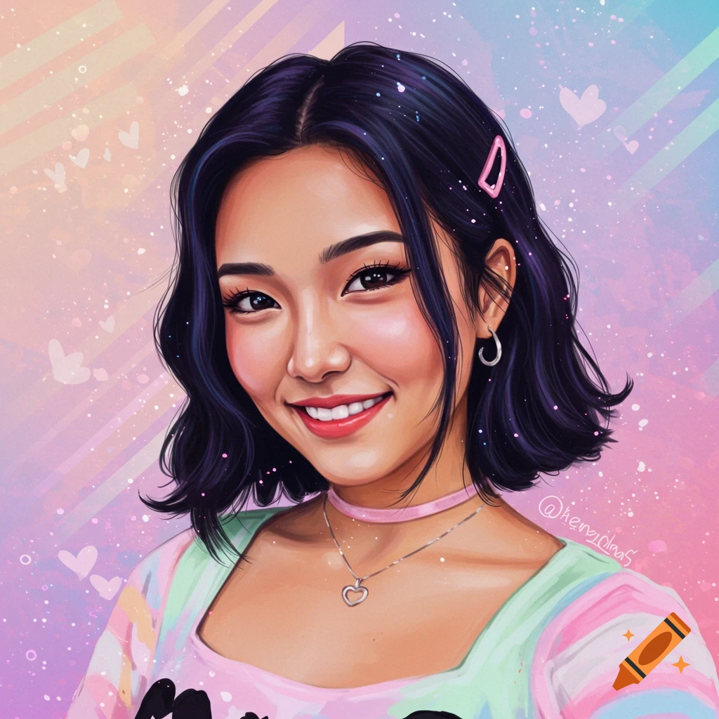 A smiling woman with short dark hair and a pink hair clip is shown against a colorful sparkly background.