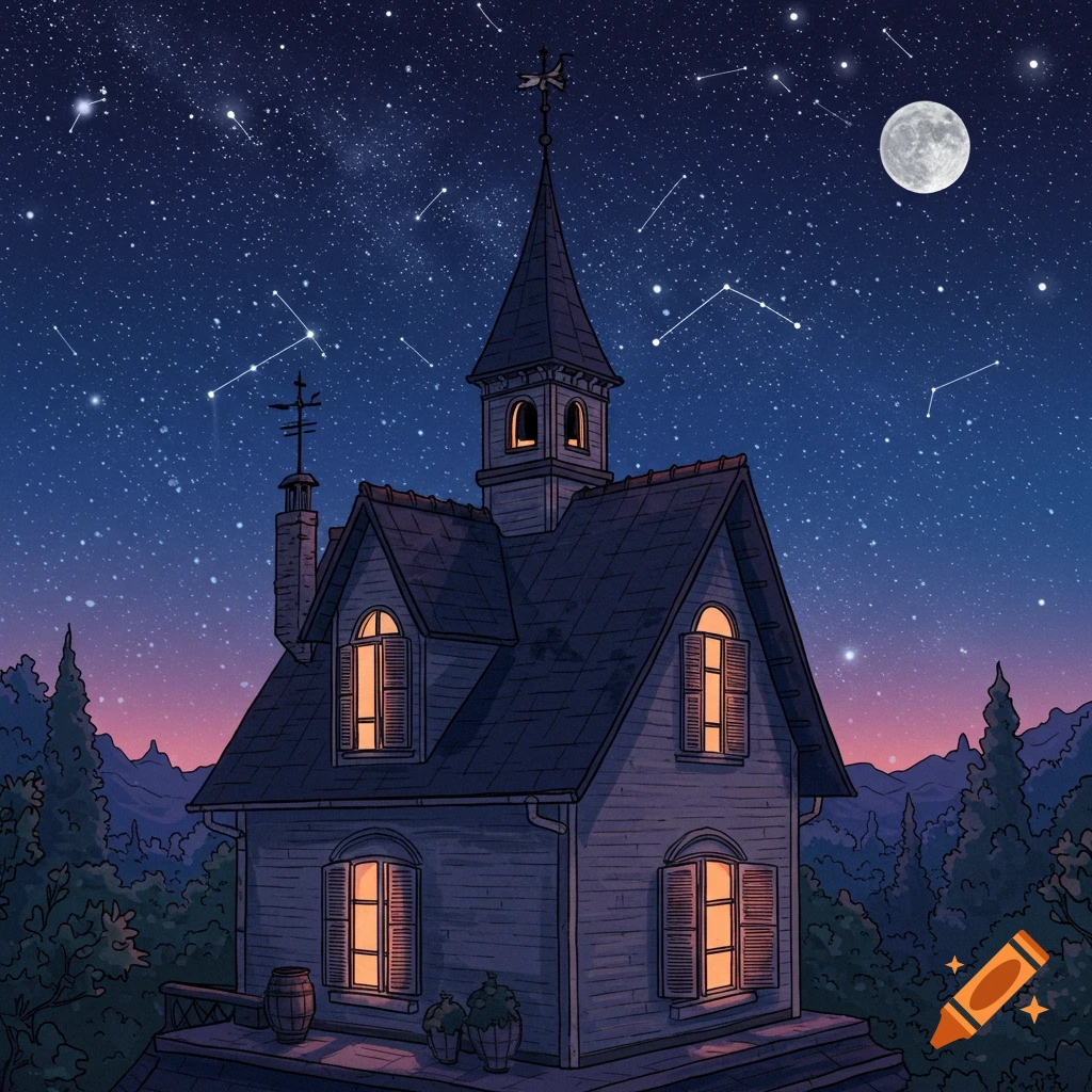 Digital illustration of a mansion with a tower under a starry night sky with constellations and a full moon.