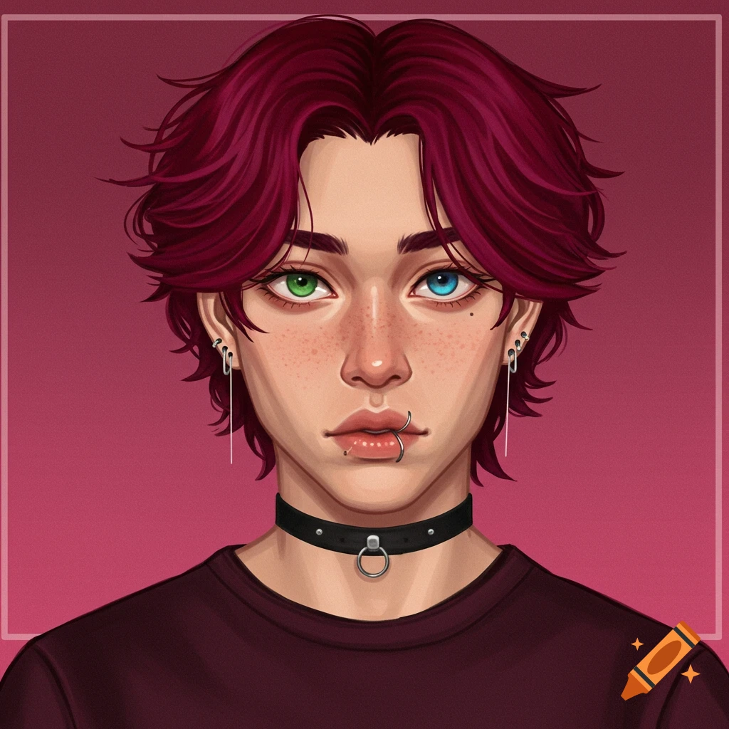 Digital portrait of a person with burgundy hair, heterochromia, piercings, and a black choker.