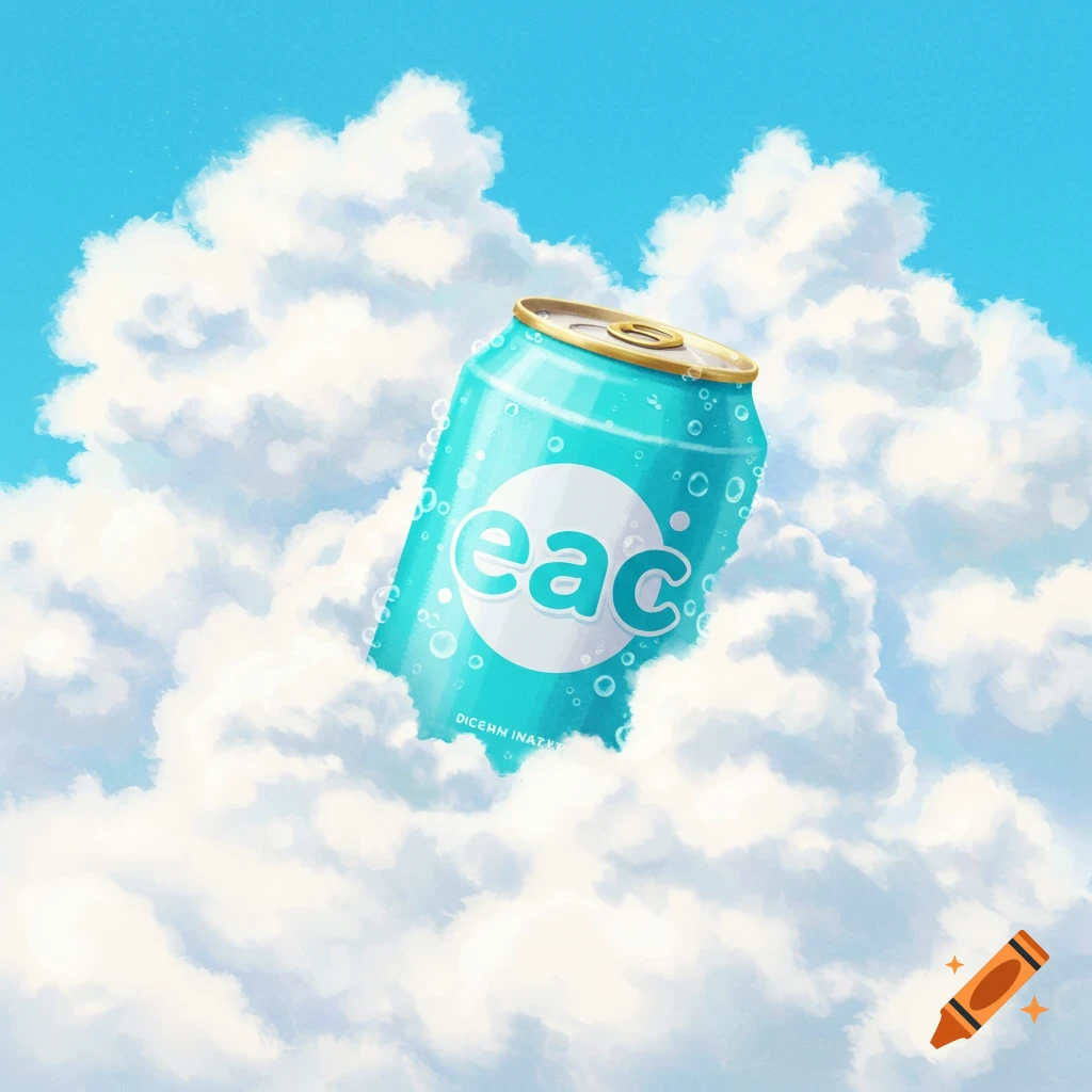 A blue soda can with "eac" on the label floats among white clouds against a blue sky.