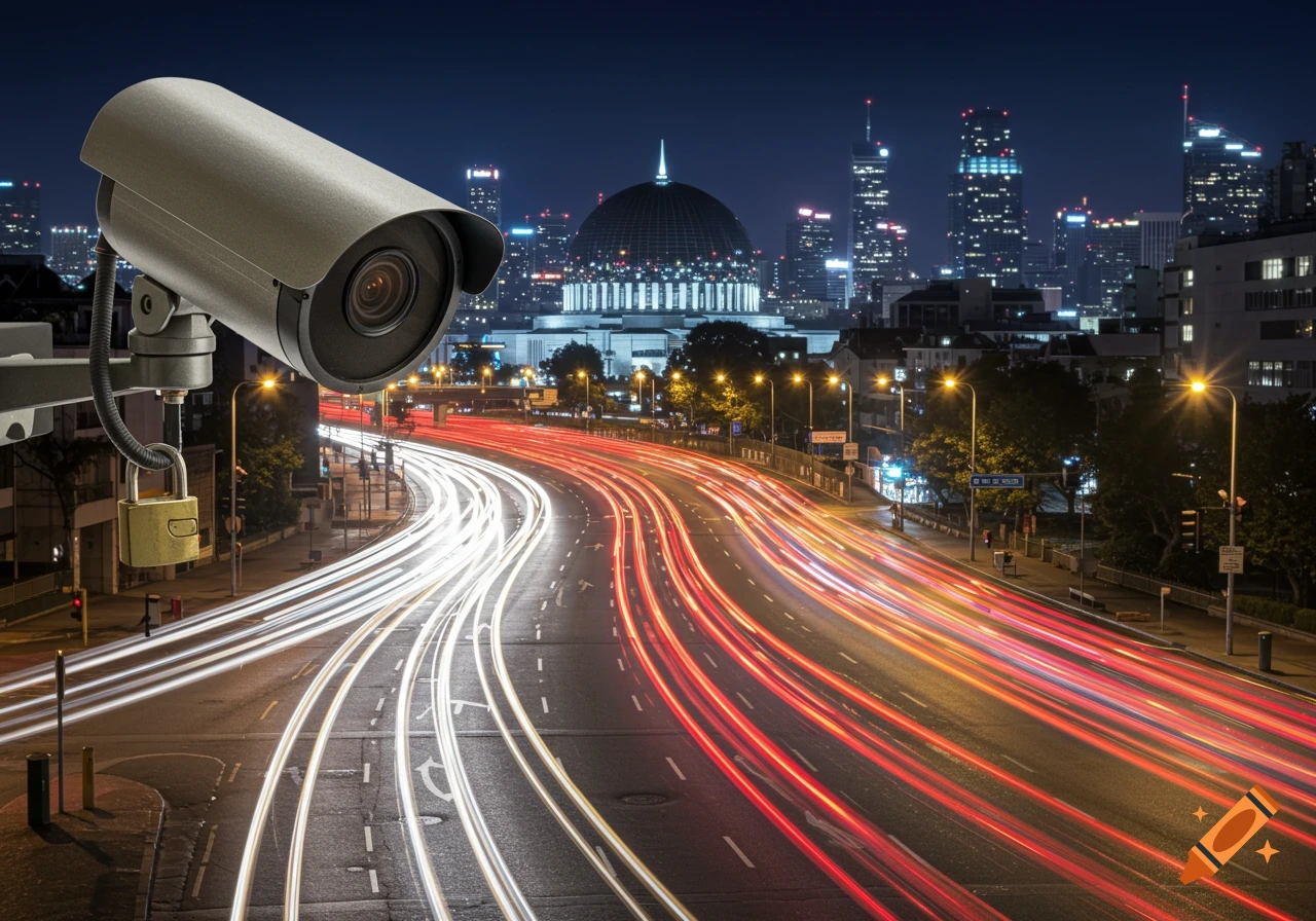 A security camera overlooks a city street at night with long exposure traffic light trails and a lit dome building in the distance.