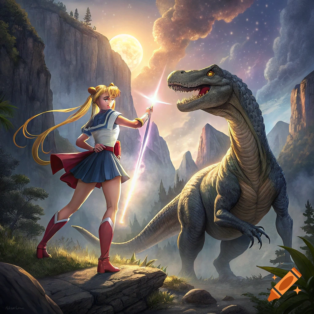 Sailor Moon fights a large dinosaur in an epic prehistoric landscape under a full moon.