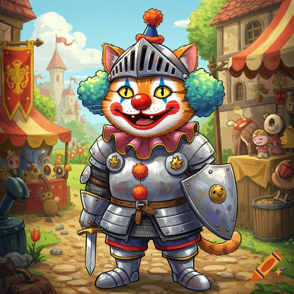 Cartoon cat in knight armor and clown makeup at a medieval fair.