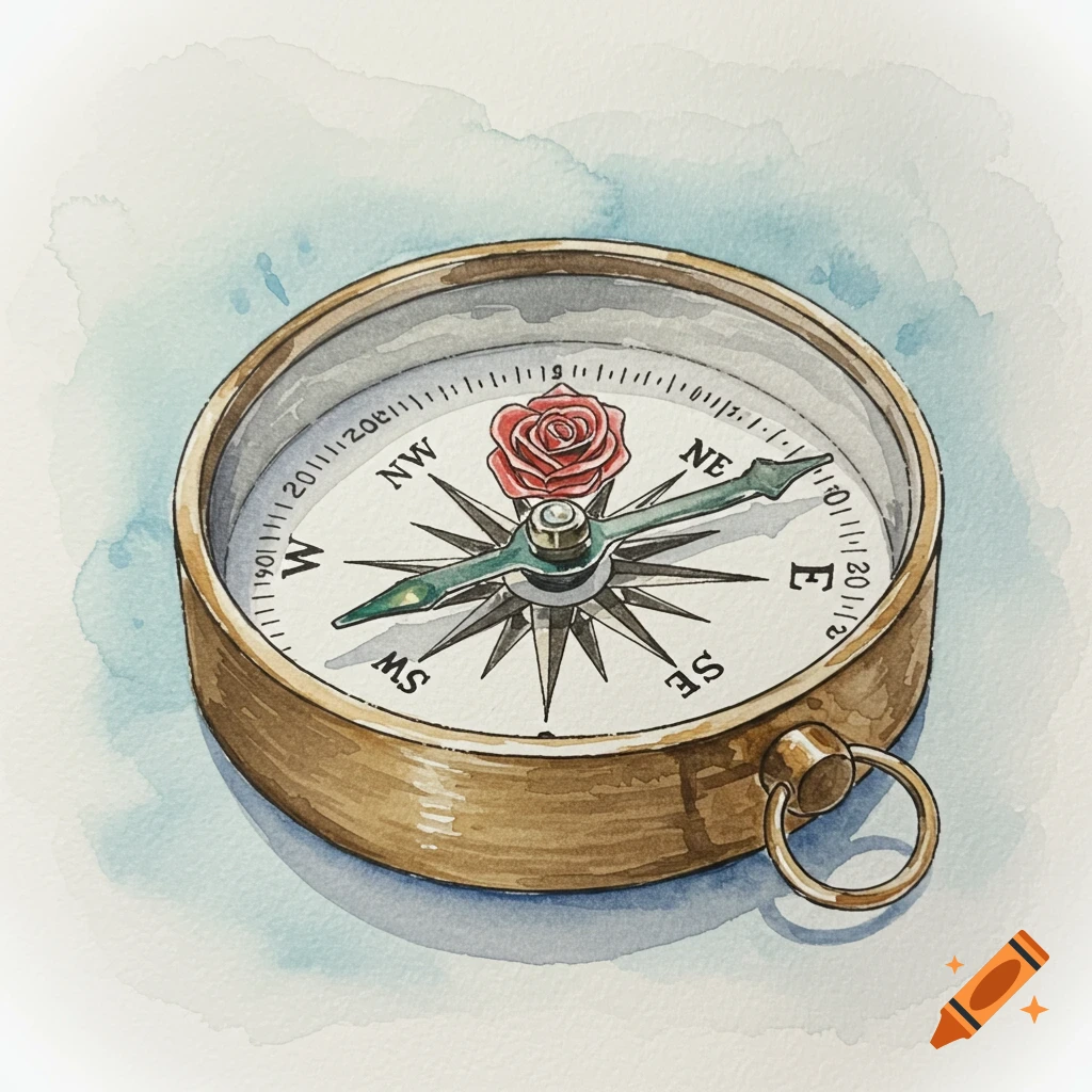 Watercolor painting of a brass compass with a red rose on the needle.