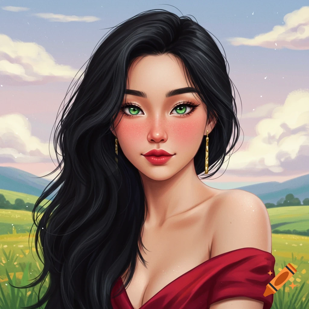 A woman in a red dress with black hair and green eyes stands in a field.