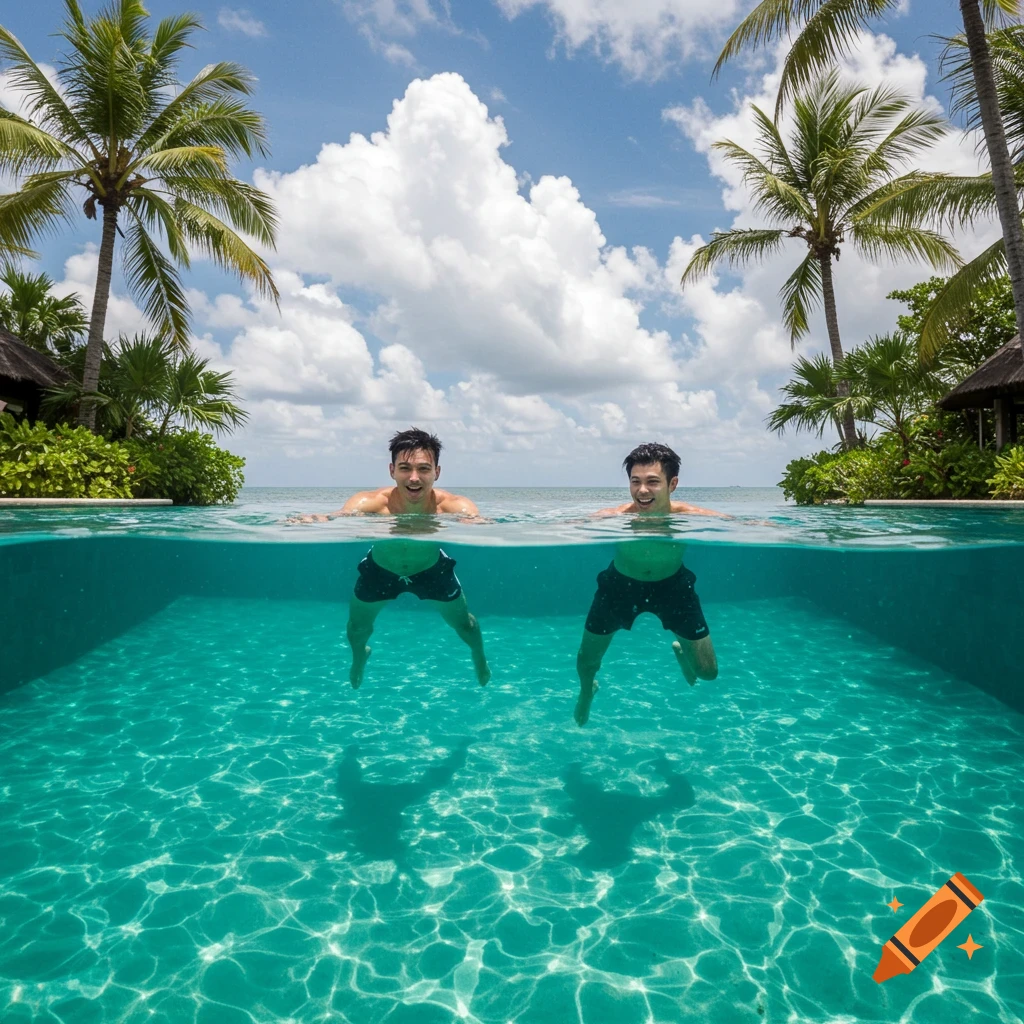 Two men swim in a tropical infinity pool, half submerged