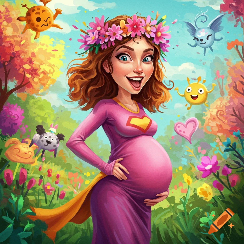 Pregnant woman in floral crown and superhero dress with cartoon creatures in a field.
