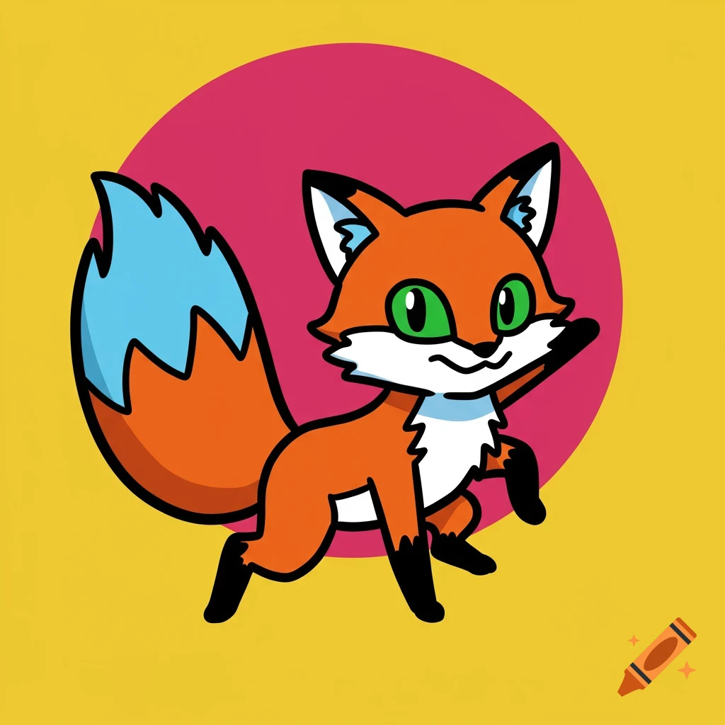 Cartoon fox with bold lines and a blue tail tip, standing against a pink circle and yellow background.