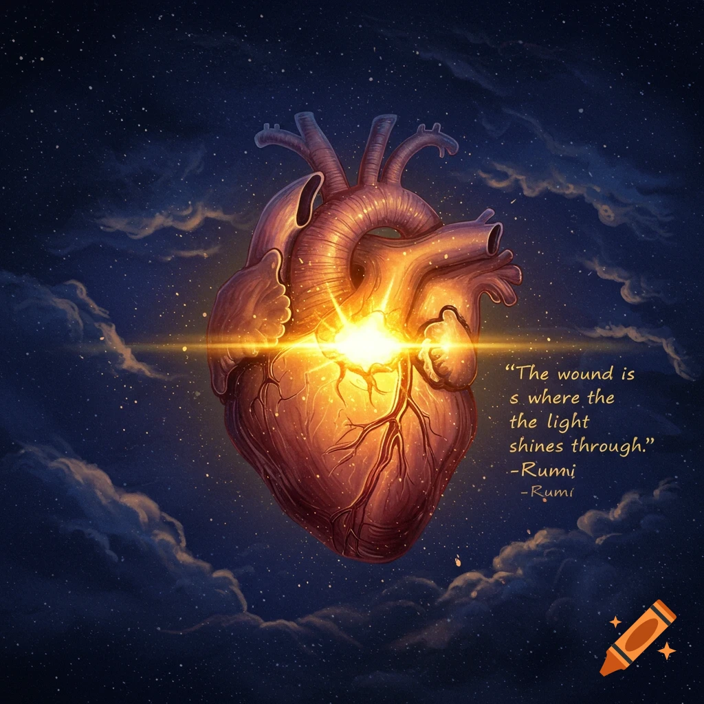 Anatomical heart glowing and floating in space, surrounded by clouds and stars, with a quote.