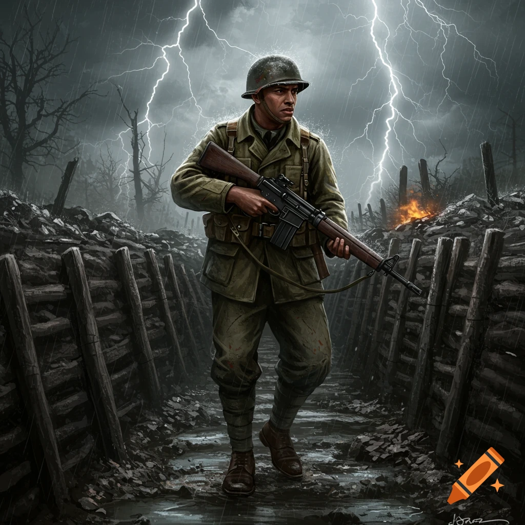 A soldier stands in a trench during a thunderstorm with lightning.