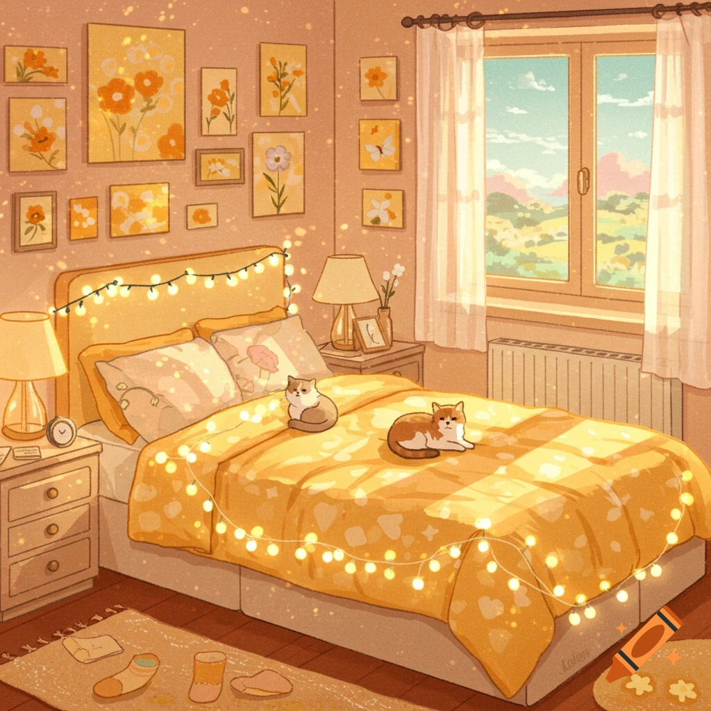 A cozy pastel yellow bedroom adorned with twinkling fairy lights creates a warm atmosphere. Two cats are comfortably settled on the bed. The walls are decorated with various paintings, and a window offers a view to the outside.