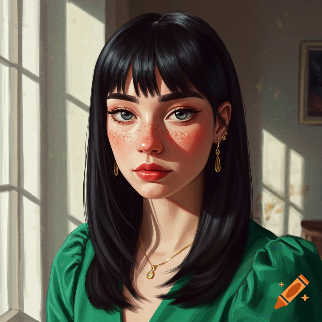 A woman with black hair and freckles is by a window