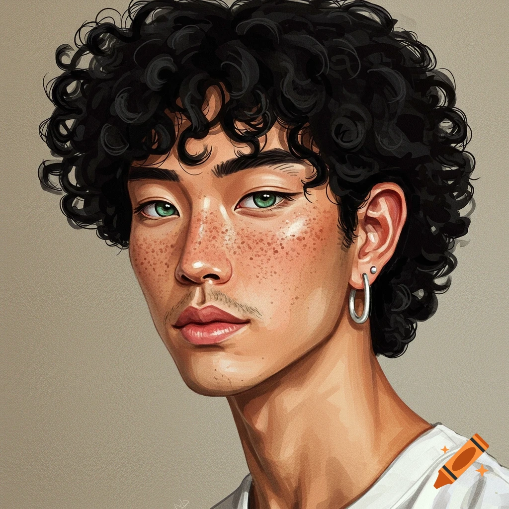 A portrait of a young man with curly black hair, green eyes, and freckles.