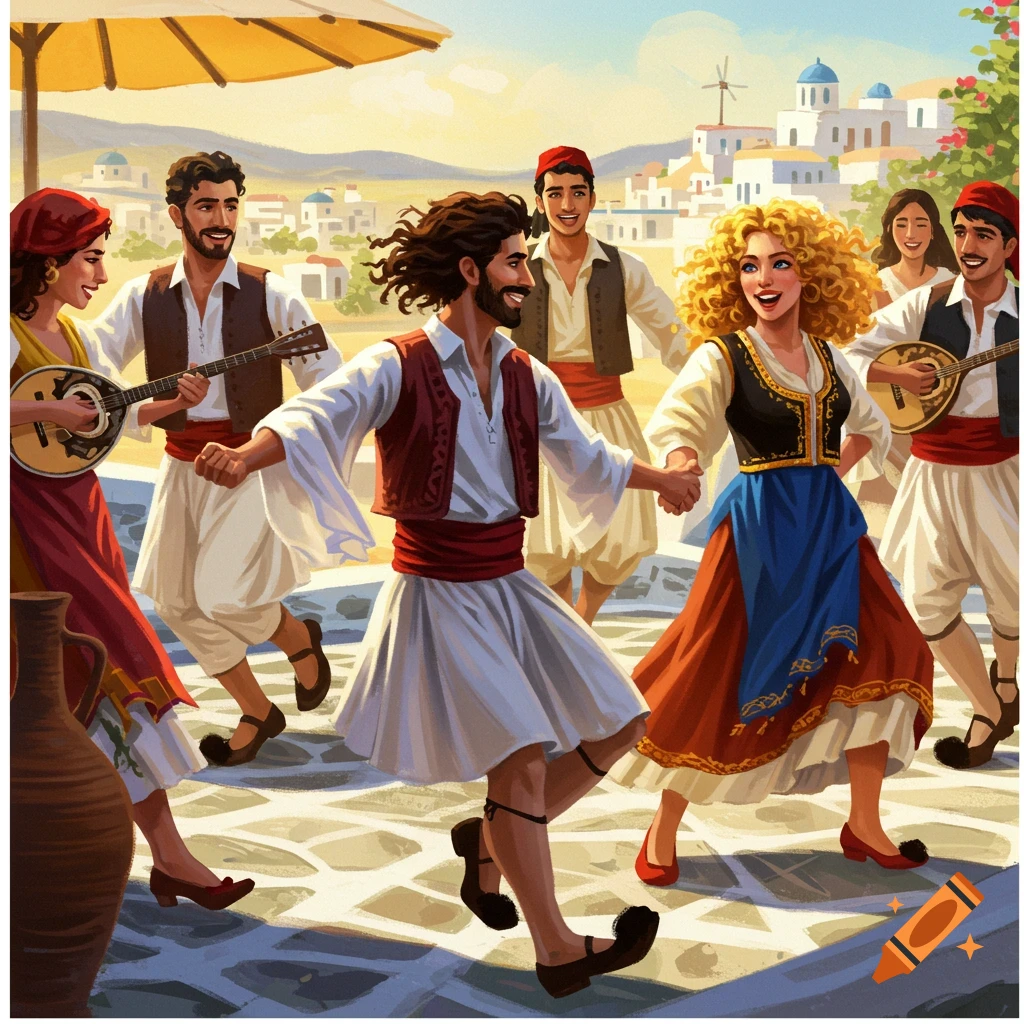 People in traditional Greek clothing dancing outdoors in a village square.