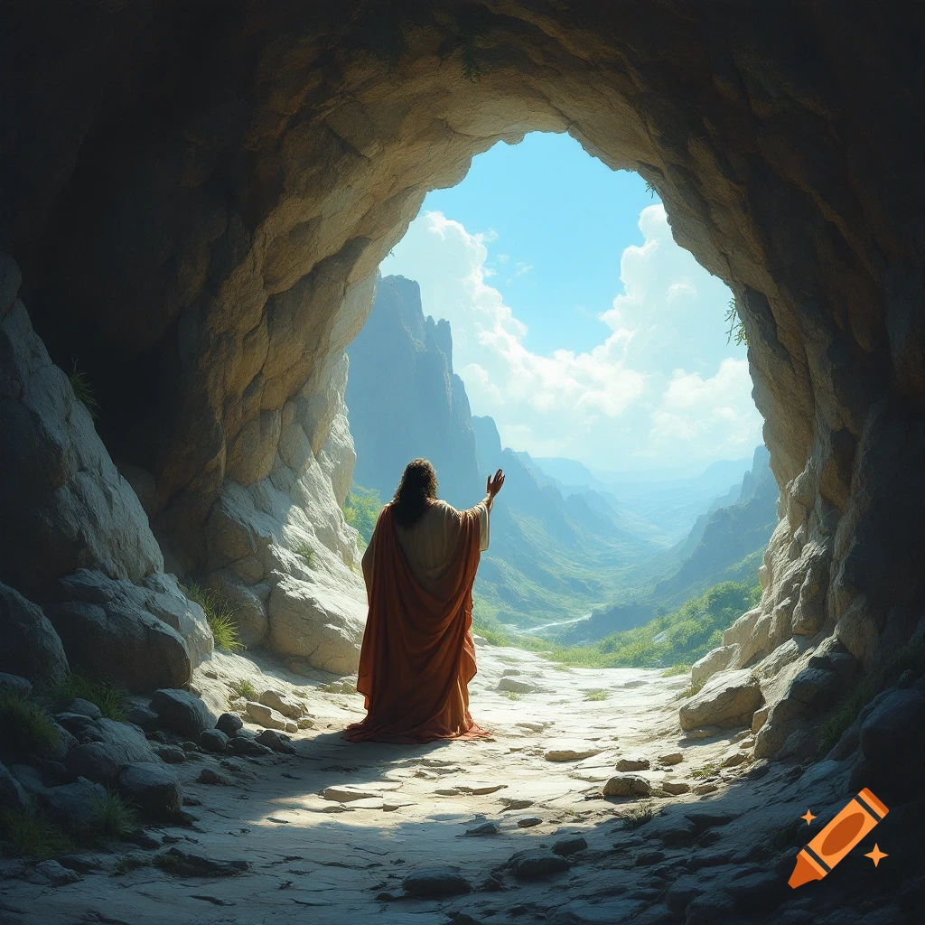 Figure in a red robe stands in a cave entrance looking out at a sunny mountain valley.