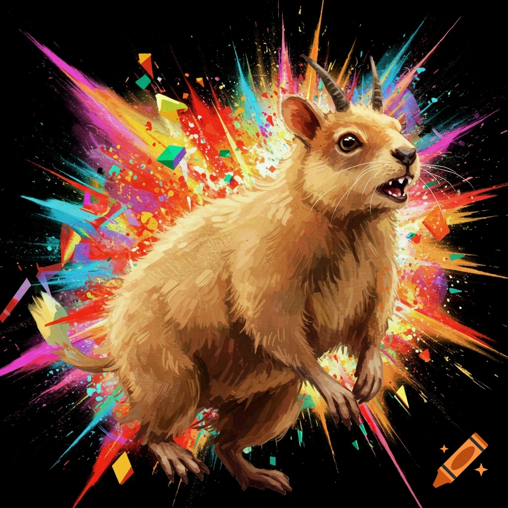 A brown furry creature with horns and whiskers stands in a colorful explosion of particles on a black background.