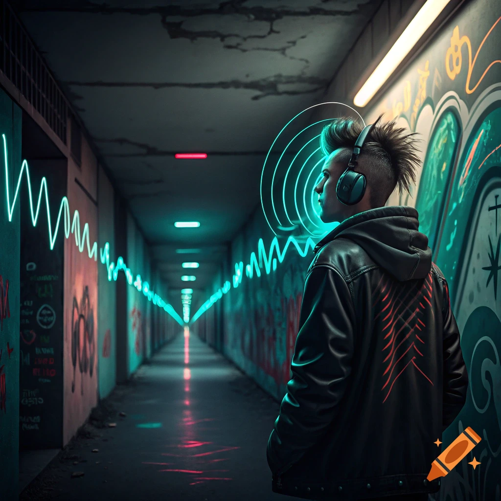 Man with headphones looks at neon sound wave in graffiti corridor, cyberpunk style