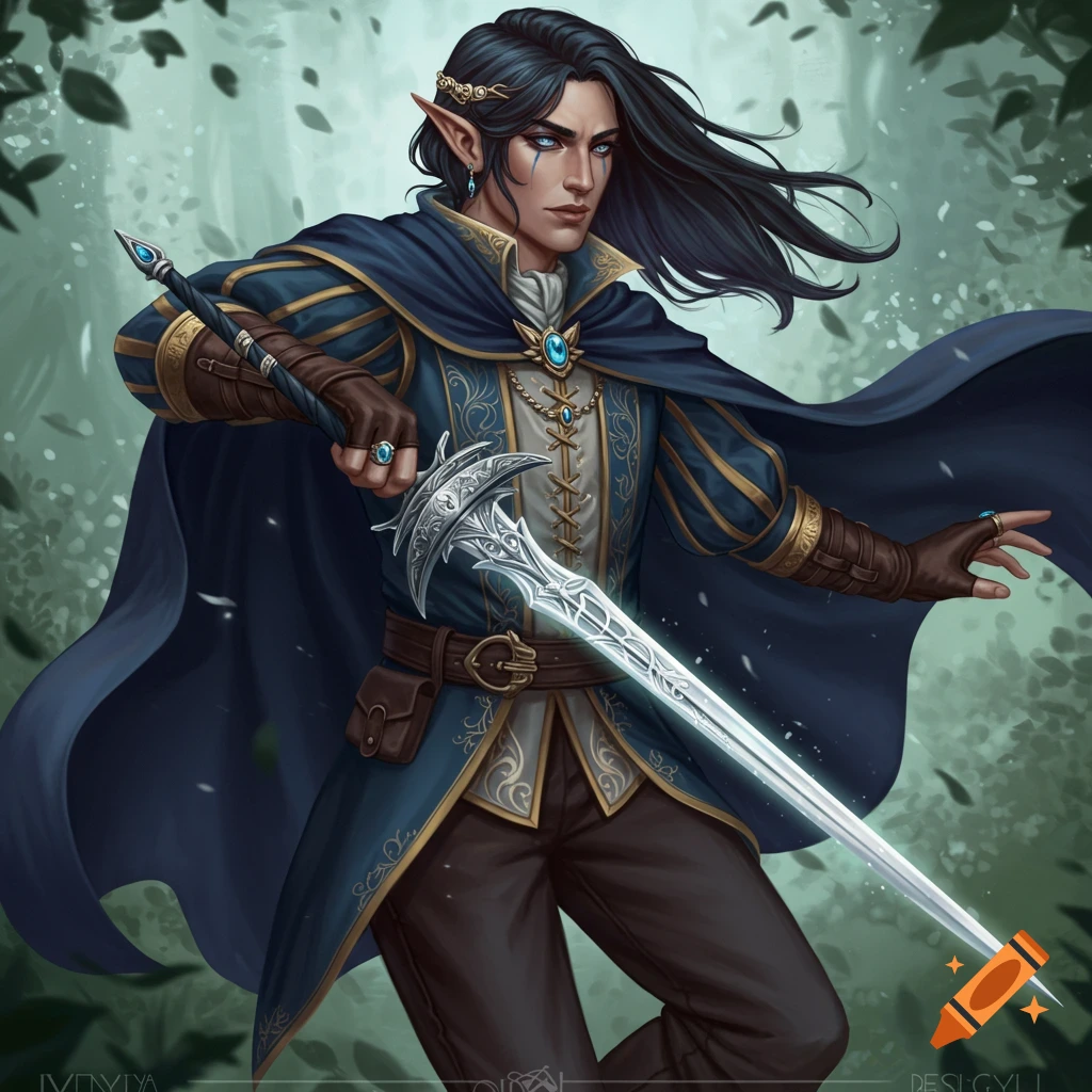 An elf in blue and gold noble clothes holding a sword in a forest.