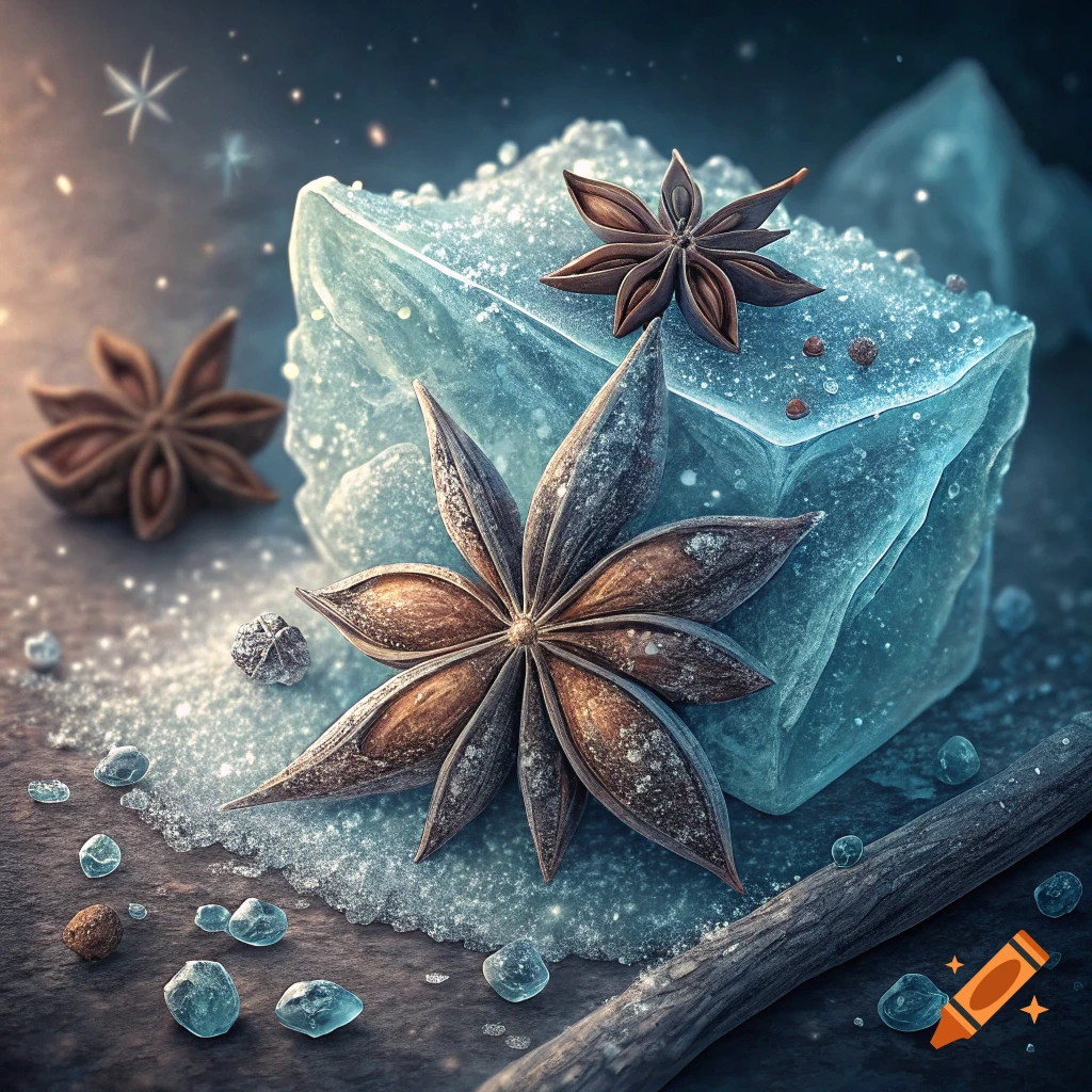 Close-up of star anise spices and ice crystals on a dark surface.