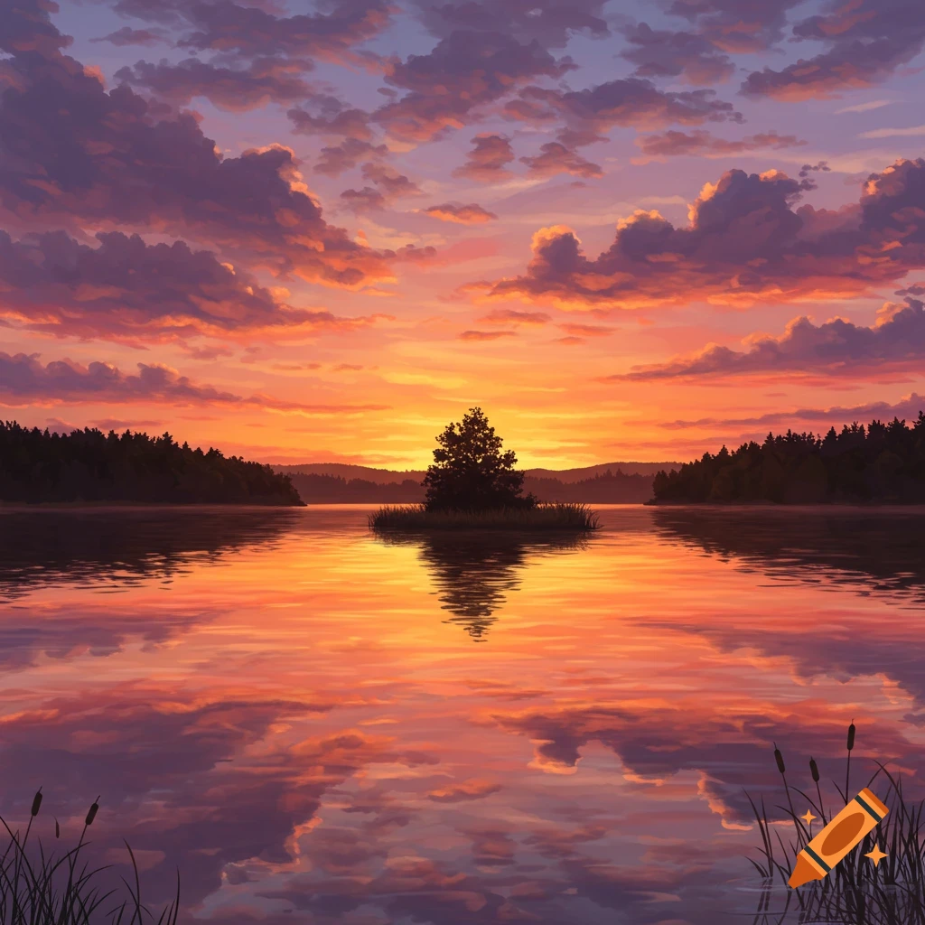 A vibrant sunset over a lake with reflections of orange and purple clouds.
