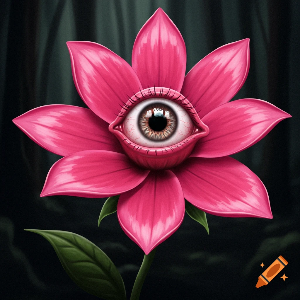 A pink flower with a human eye in the center, set in a dark forest.