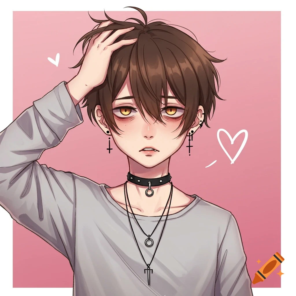 Anime portrait of a boy with brown hair, tired yellow eyes, black choker, and layered necklaces.