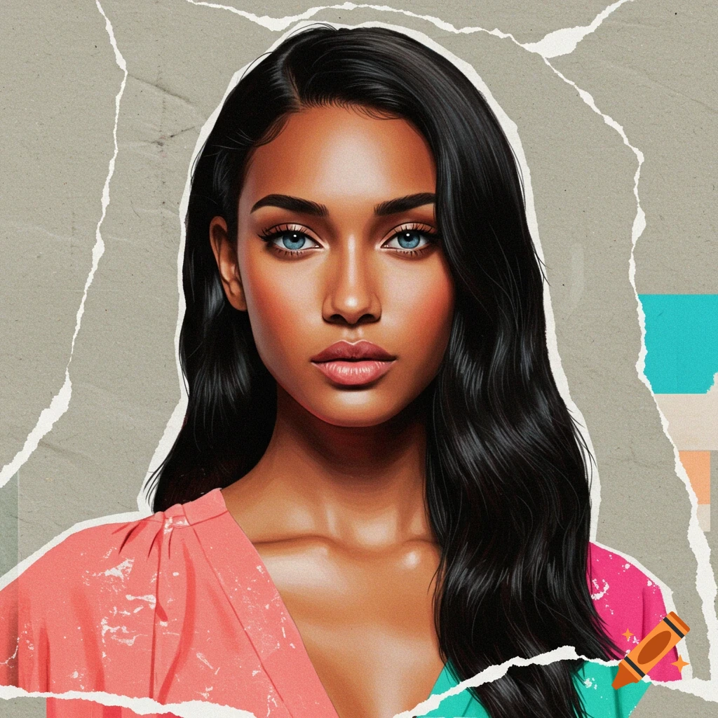 Portrait of a woman with dark hair and blue eyes in a ripped paper collage style.