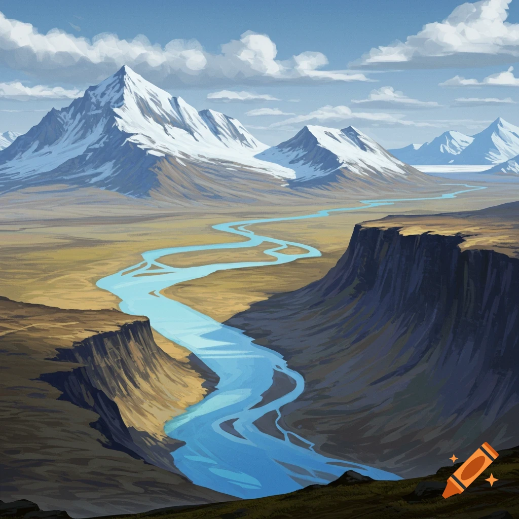 A winding river flows through a vast mountain valley with snowy peaks and steep canyon cliffs.