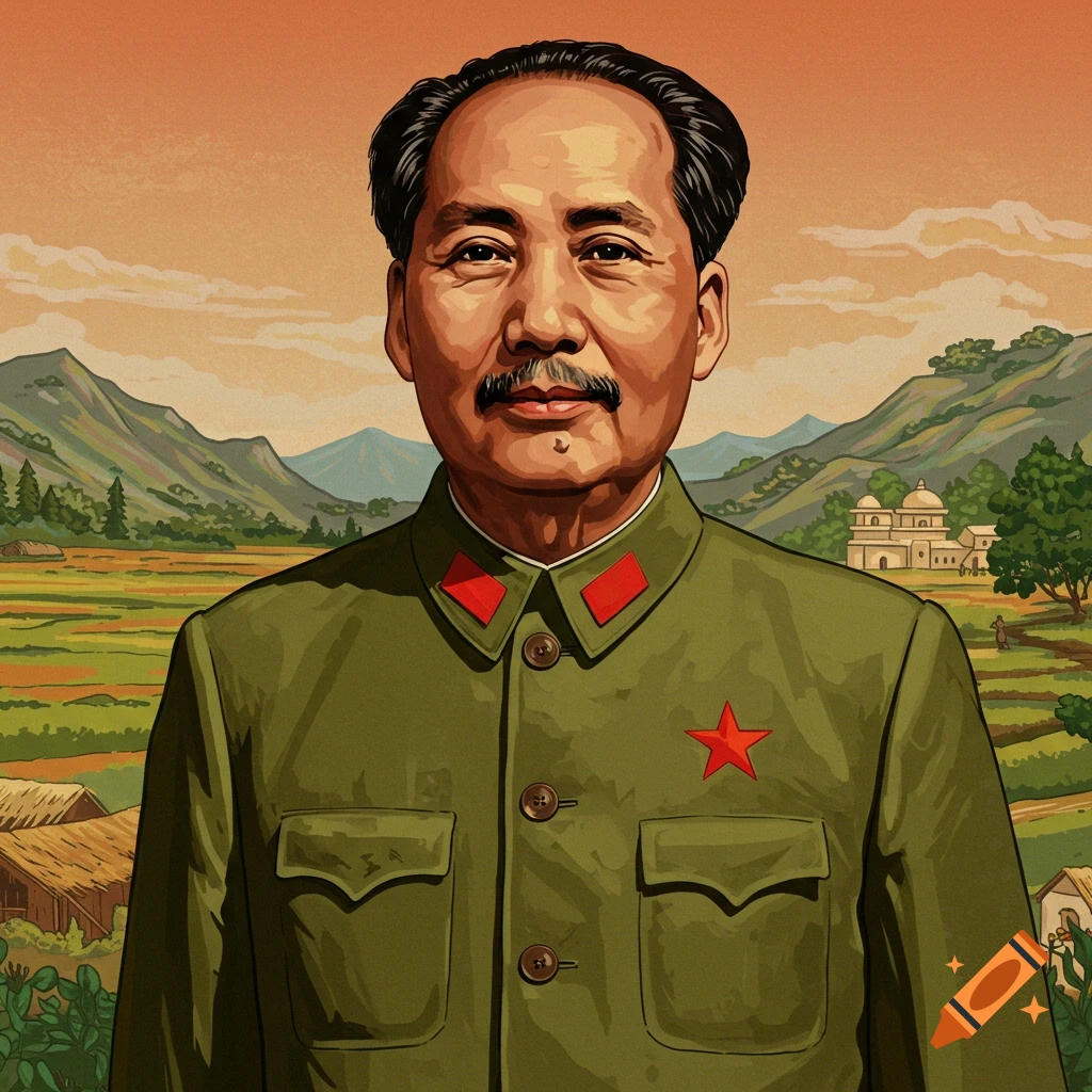 A portrait of Mao Zedong in a military uniform against a rural landscape.