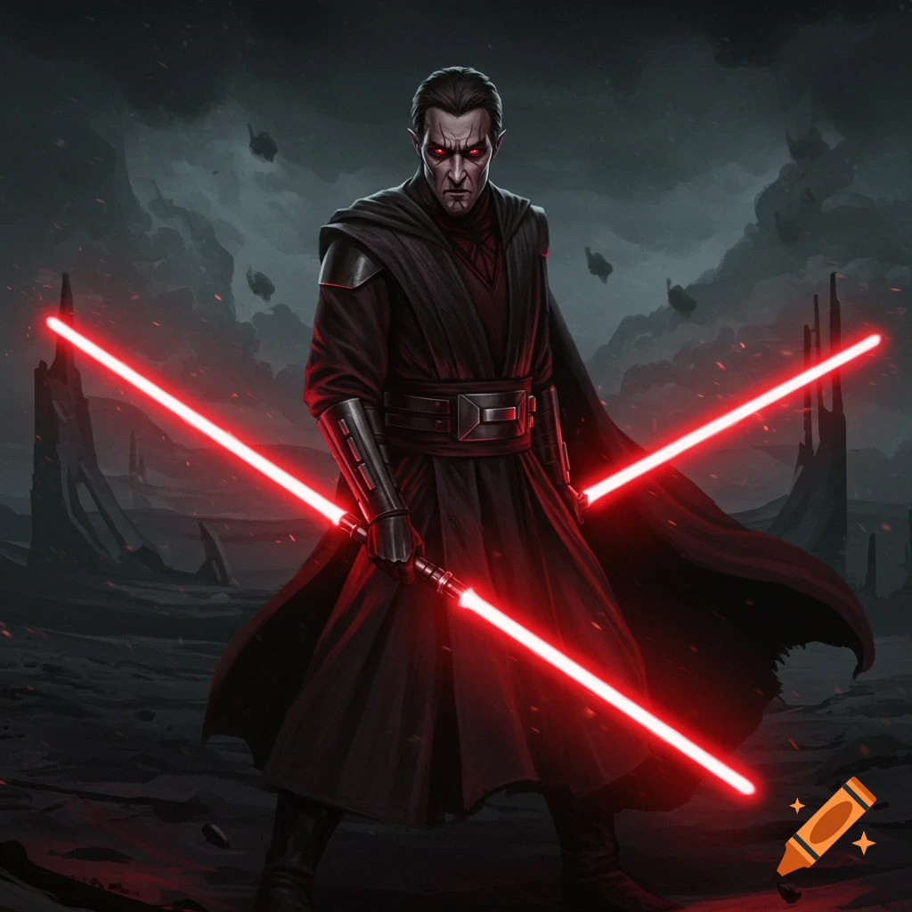 A dark figure with red eyes stands in a desolate landscape, holding two red lightsabers.