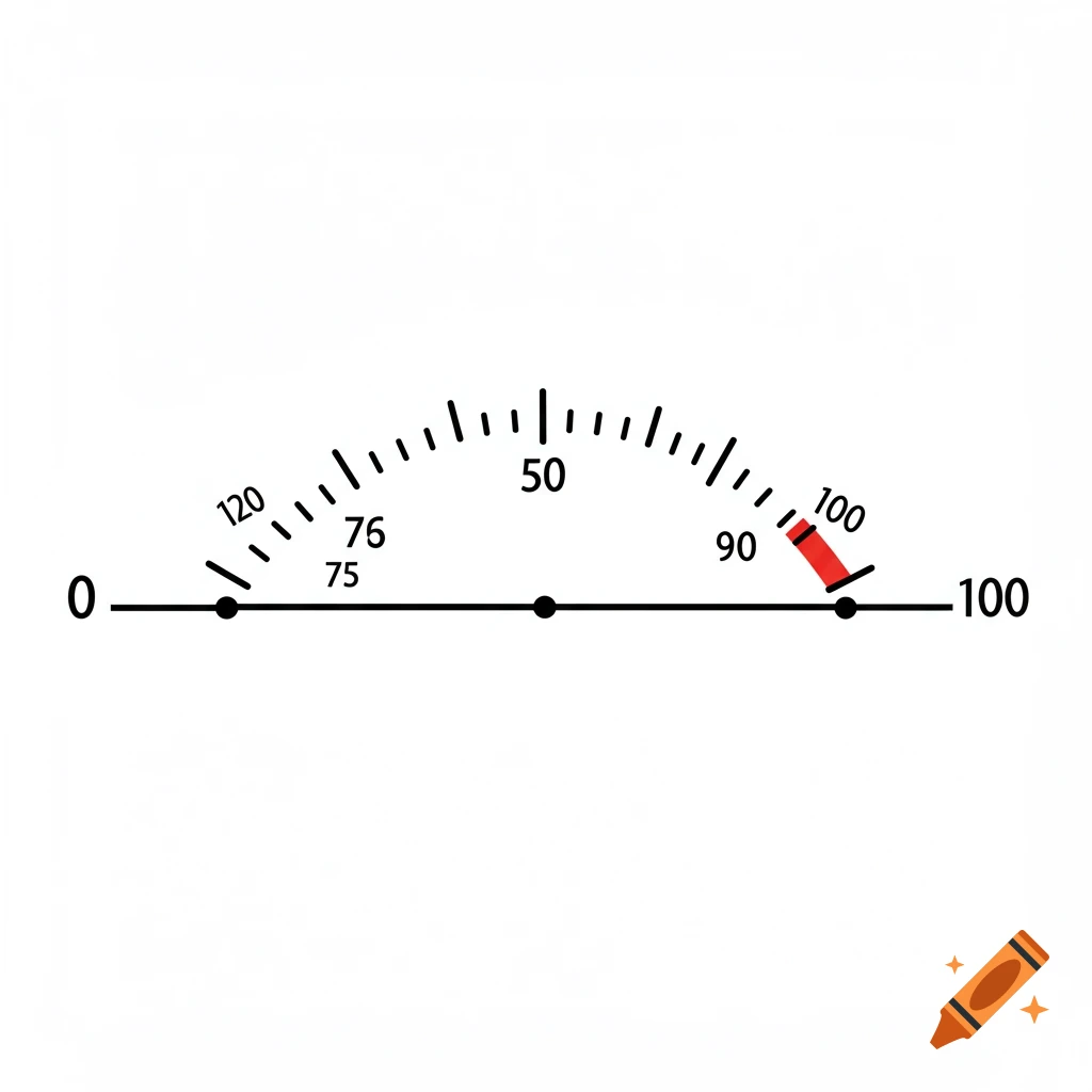 A horizontal gauge or scale with numbers 0, 50, 75, 76, 90, 100, and 120 and a red indicator pointing between 90 and 100.