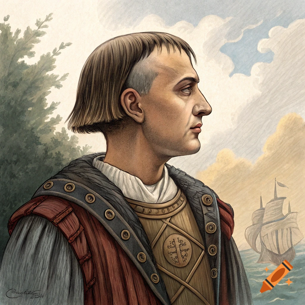 Illustration of Christopher Columbus with an Edgar haircut standing by the sea with a ship in the background.