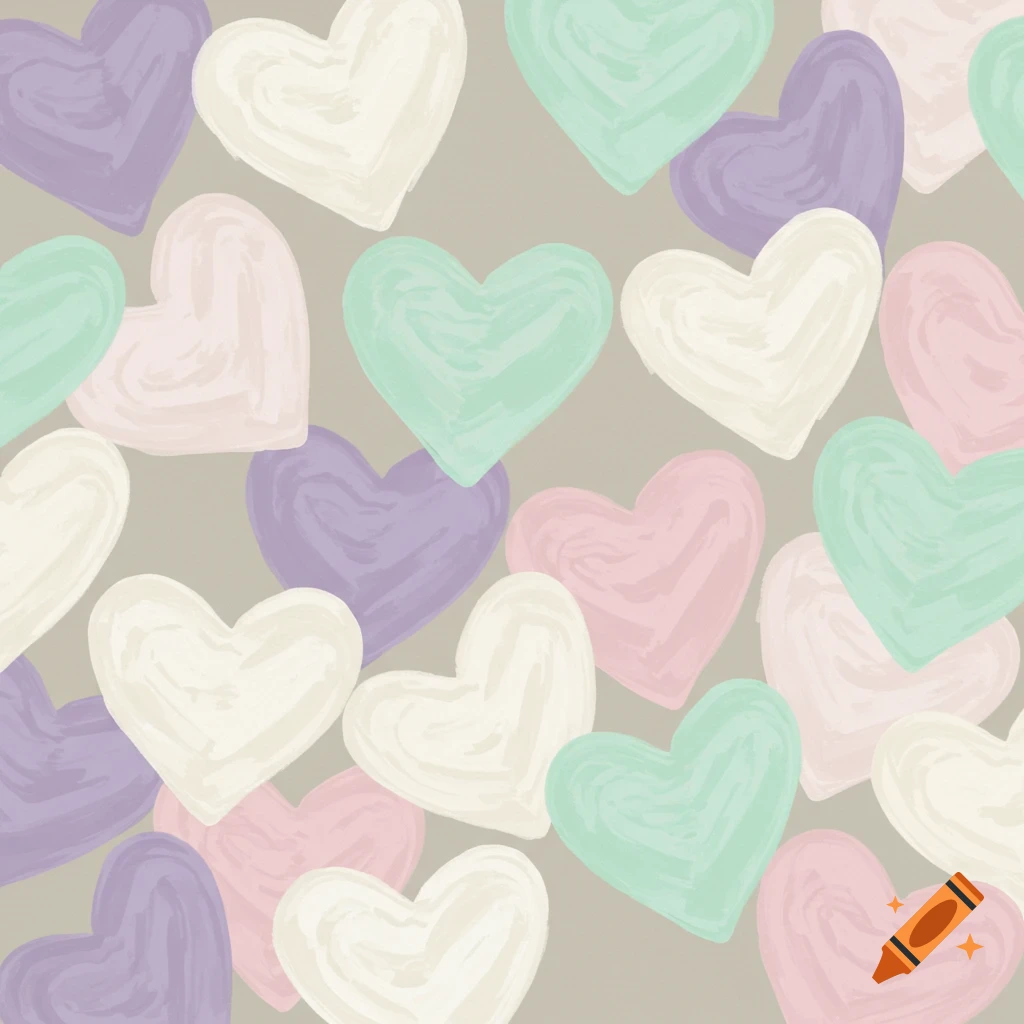 Seamless pattern of pastel hearts in lavender, white, cream, light pink, and mint green with a painterly texture.