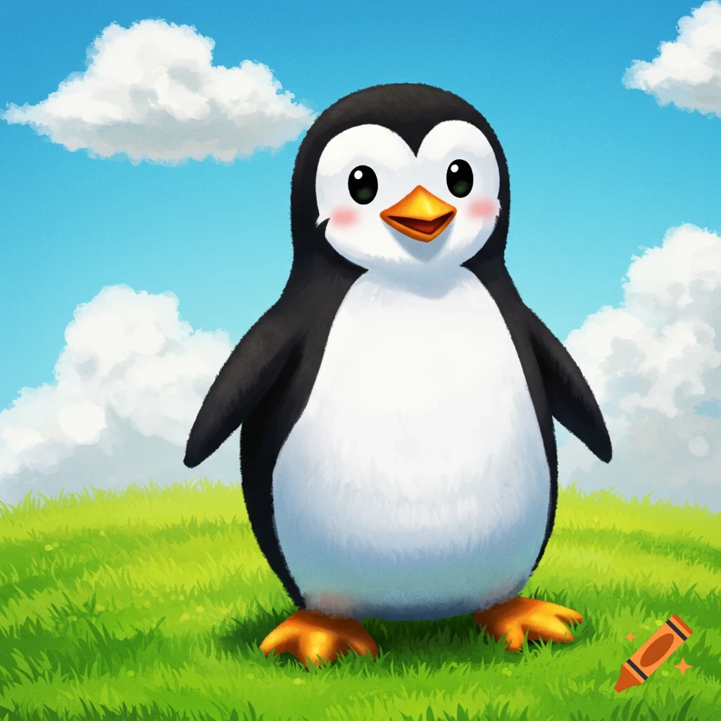 A cute cartoon penguin stands in the grass under a cloudy sky.