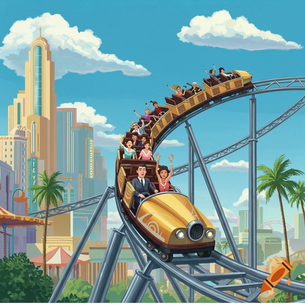 People riding a rollercoaster in a city with 1920s art deco style architecture.