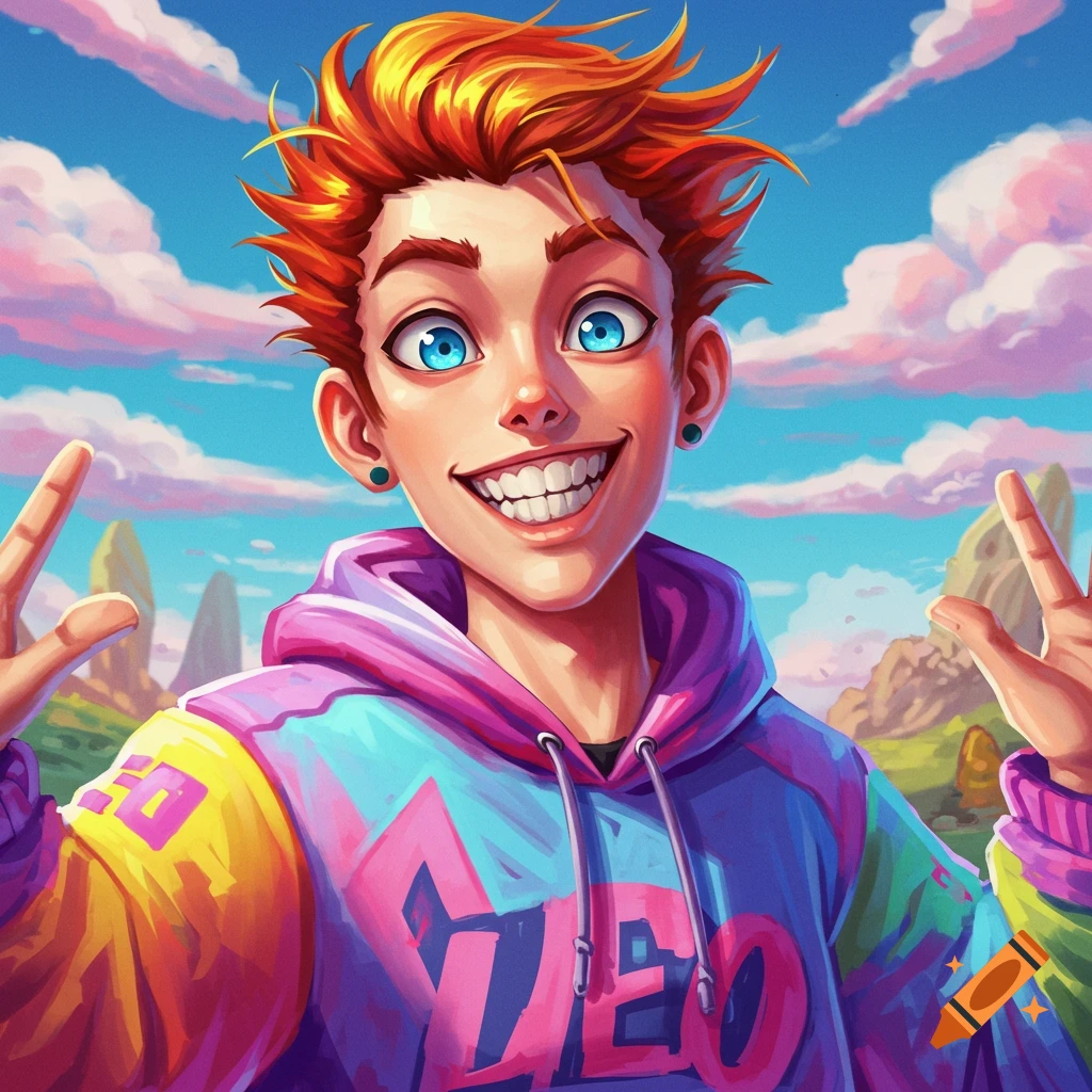 A stylized image of a person with red hair making peace signs