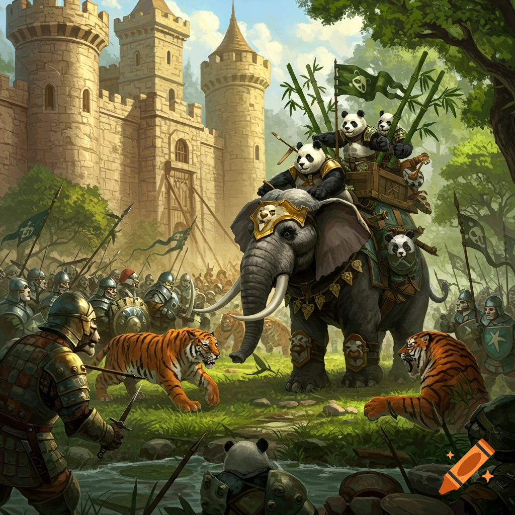 A fantasy battle with a panda army on elephants attacking a castle defended by tigers and soldiers.