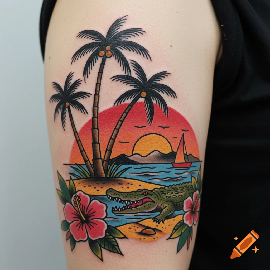 Traditional style tattoo of a tropical beach scene with palm trees, sunset, alligator, and hibiscus flowers on an arm.