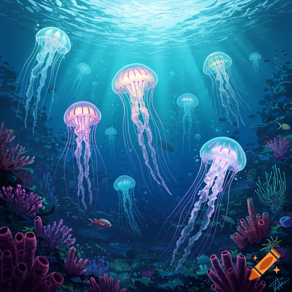 Glowing jellyfish swimming in a deep blue ocean among colorful coral and sea life.
