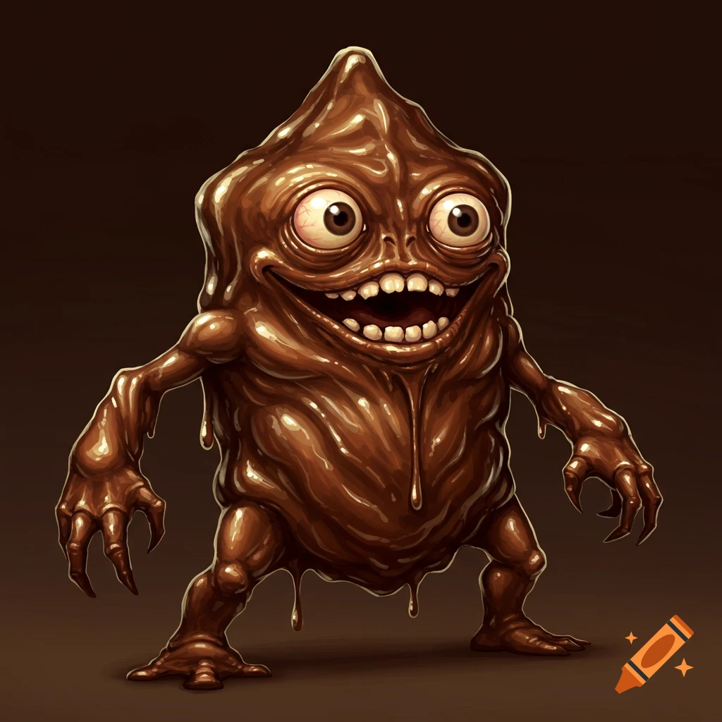 A gooey brown monster with large eyes and a wide smile.