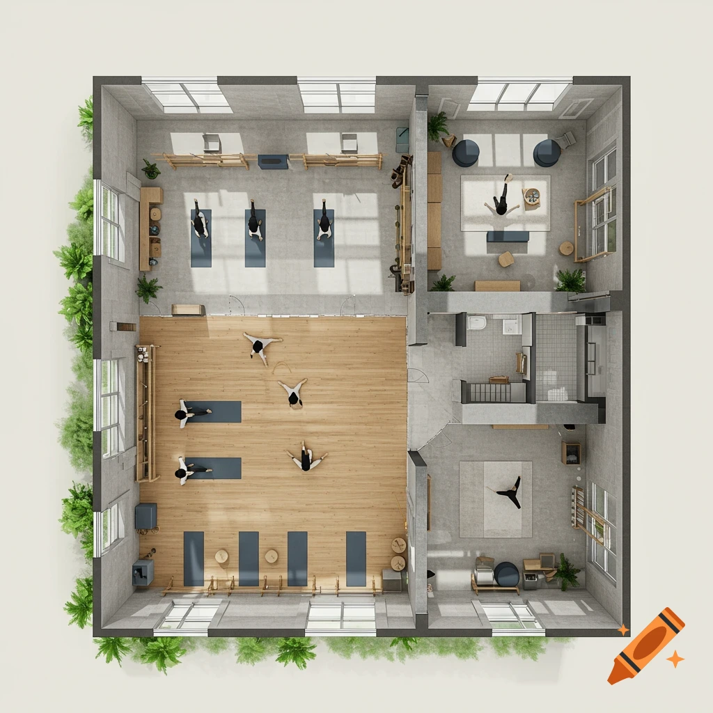 Overhead view of a detailed floor plan for a yoga and pilates studio, showing dedicated practice areas, a meditation room, and facilities.