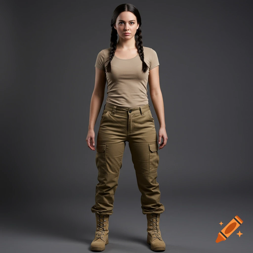 A photorealistic portrait of a woman with braided pigtails wearing a tan shirt, cargo pants, and military boots.