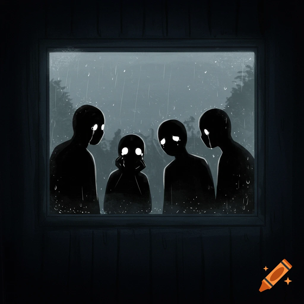 Four shadowy figures with glowing eyes look out a window at rain.