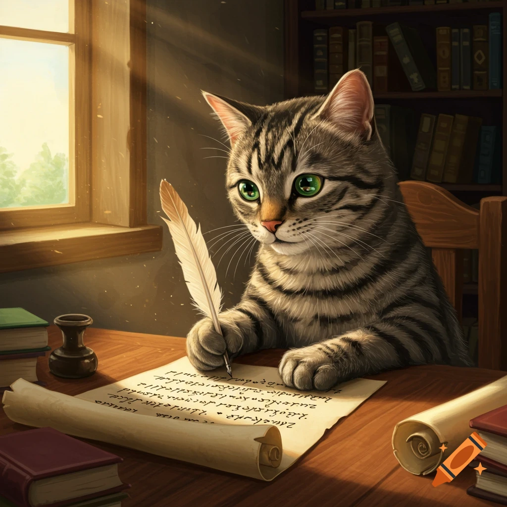 A tabby cat sits at a desk, writing on a scroll with a quill pen in a sunlit library study.